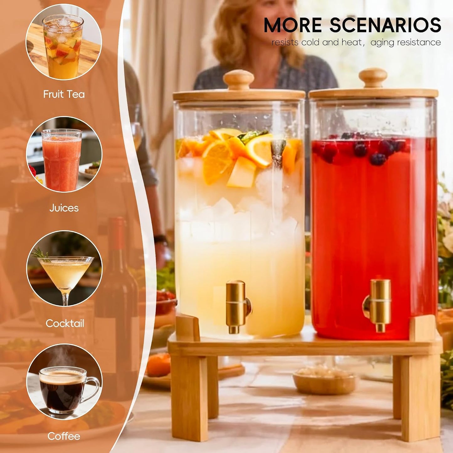 Glass Beverage Dispenser Set with Wooden Stand (2 x 1.5 Gallon)