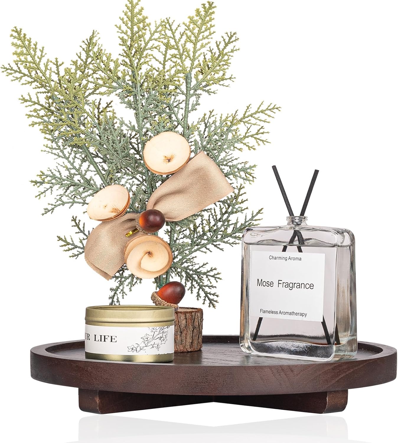 Round wooden decorative tray used to organize bathroom accessories and home décor accents.