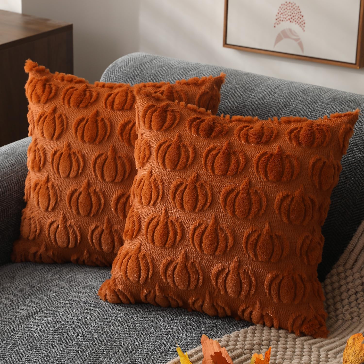 Pumpkin Textured Throw Pillow Covers – Set of 2 | 18" x 18"