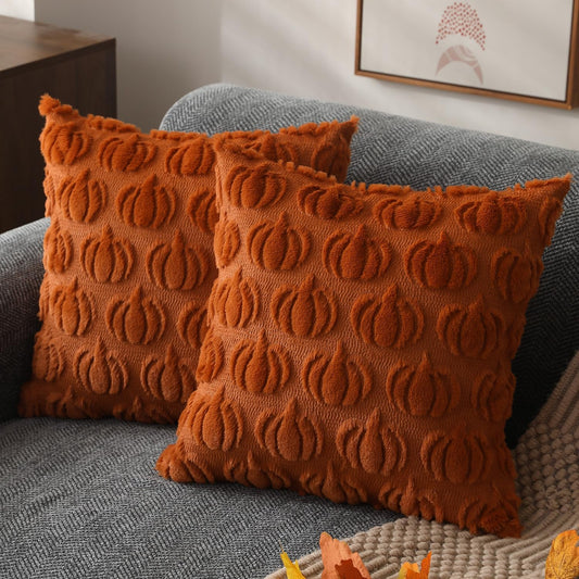 Pumpkin Textured Throw Pillow Covers – Set of 2 | 18" x 18"