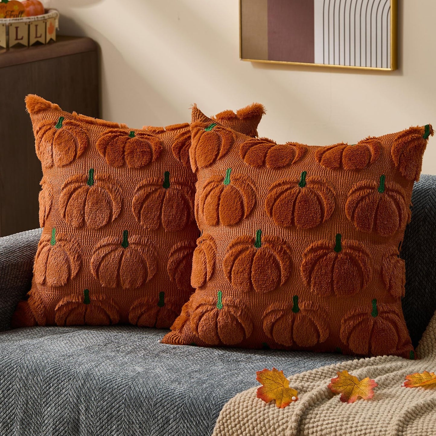 Pumpkin Textured Throw Pillow Covers – Set of 2 | 18" x 18"