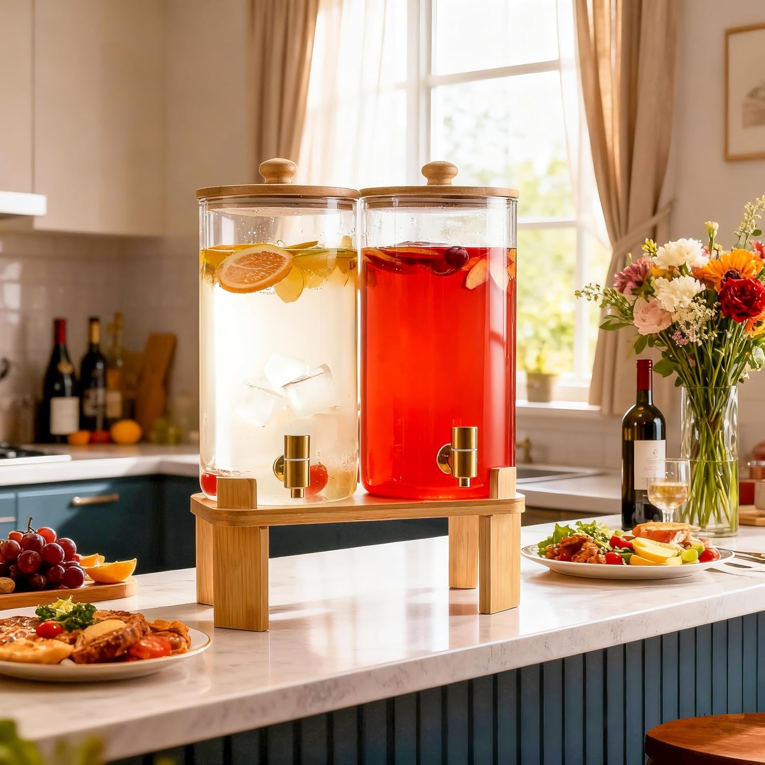 Glass Beverage Dispenser Set with Wooden Stand (2 x 1.5 Gallon)