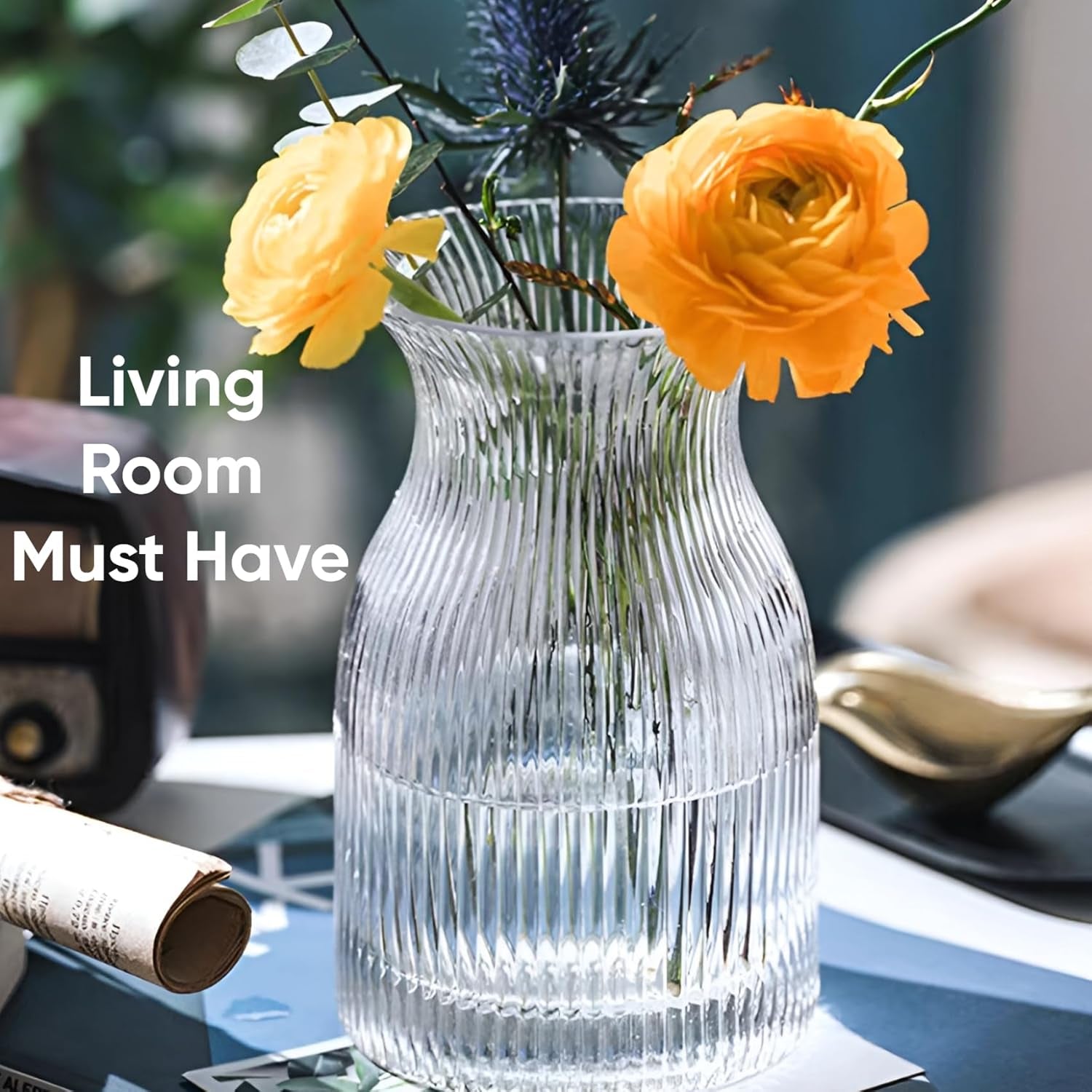 Modern Ribbed Glass Vase | Clear Decorative Flower Vase