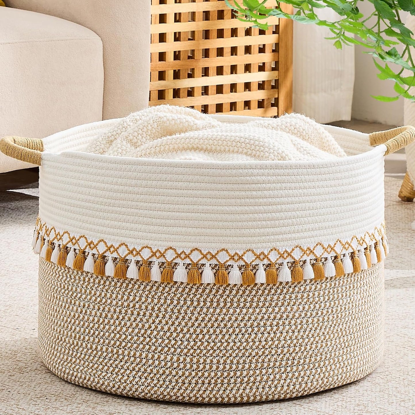 Large Cotton Rope Blanket Basket with Handles | Decorative Storage Basket