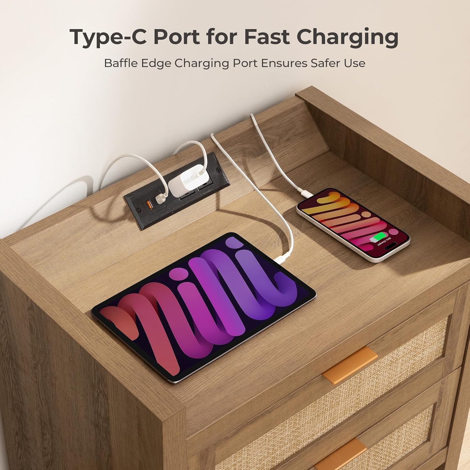 Modern Oak Rattan Nightstands with Charging Station – Set of 2