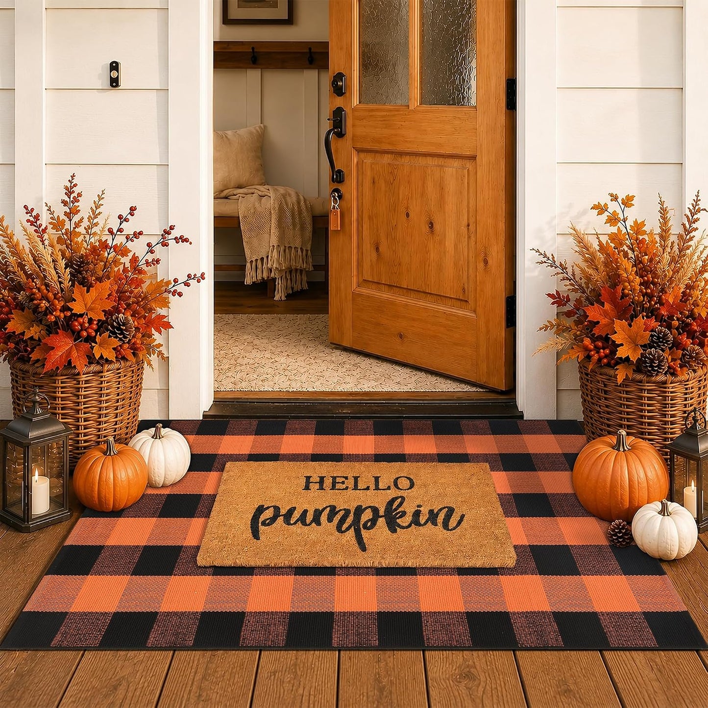 Fall Coir Welcome Mat & Plaid Rug Set