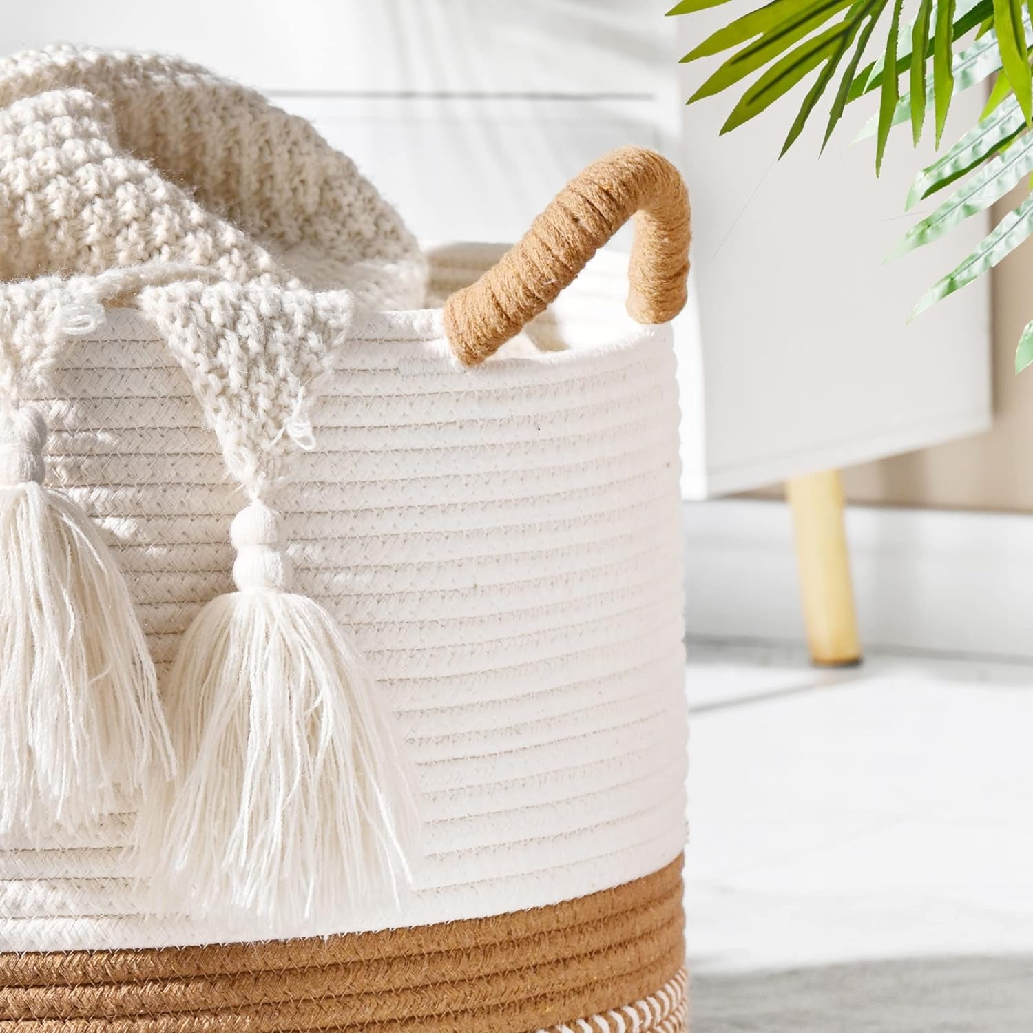 Large Cotton Rope Blanket Basket with Handles | Decorative Storage Basket
