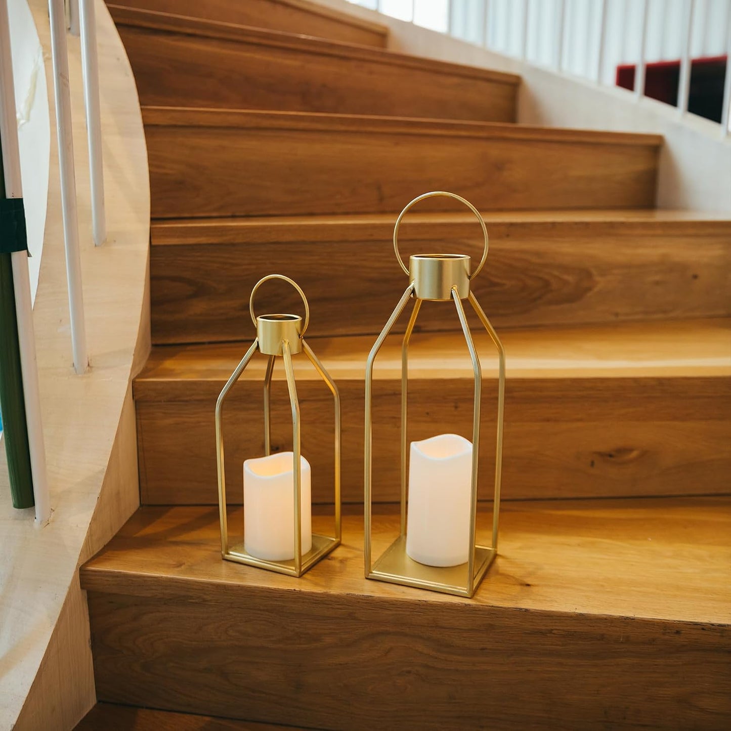 Modern Gold Metal Lantern Set with LED Candles – Set of 2