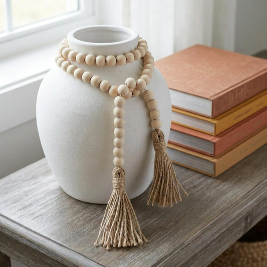 Farmhouse Wood Bead Garland | Rustic Wooden Beads with Tassels