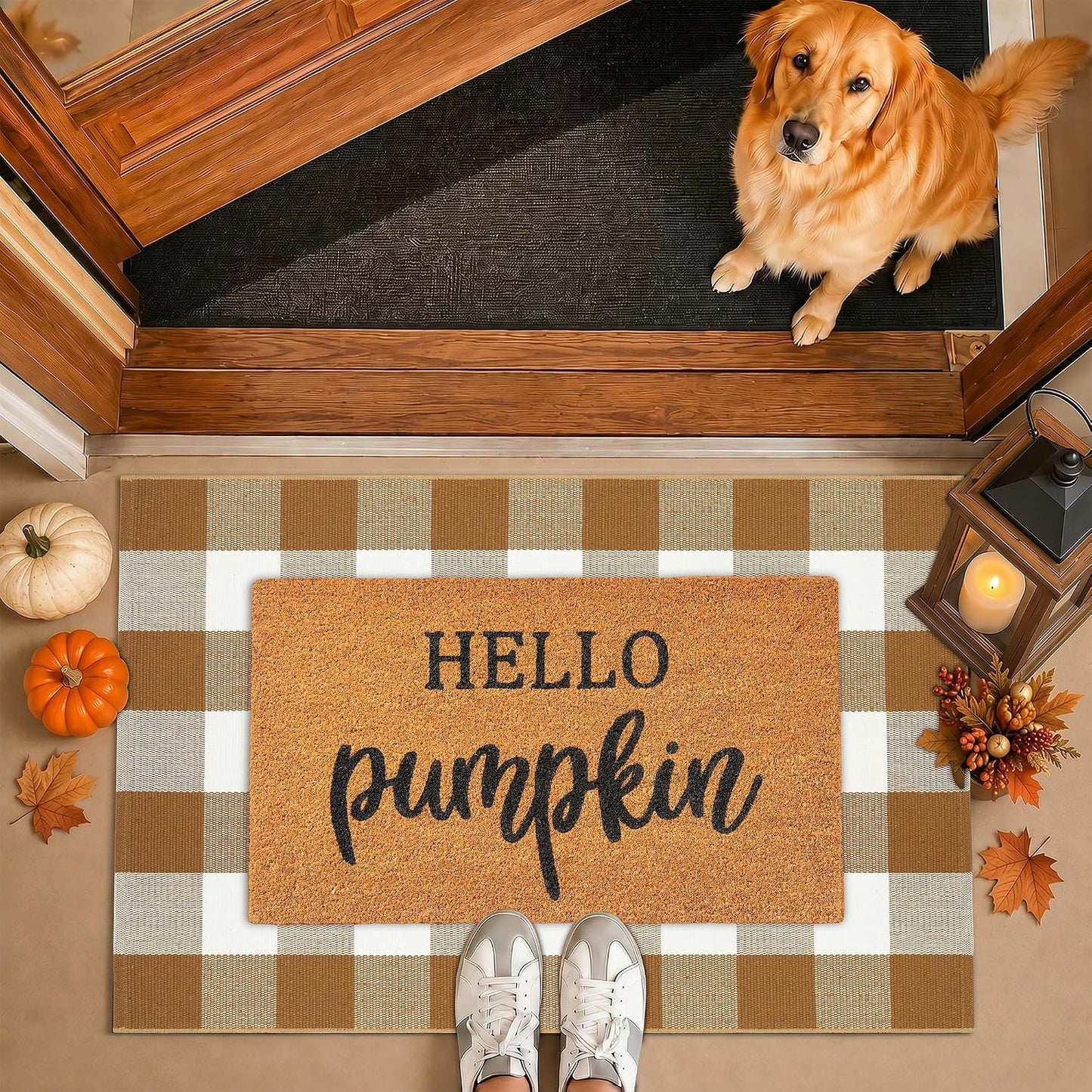 Fall Coir Welcome Mat & Plaid Rug Set