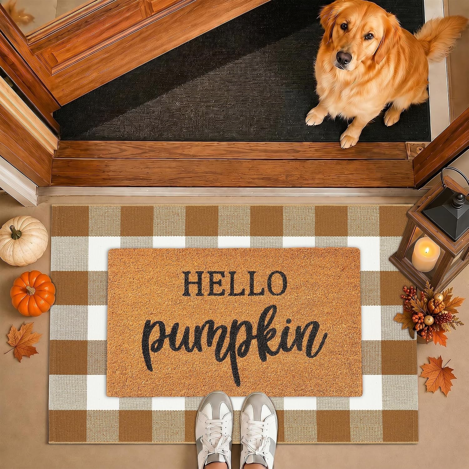 Fall Coir Welcome Mat & Plaid Rug Set