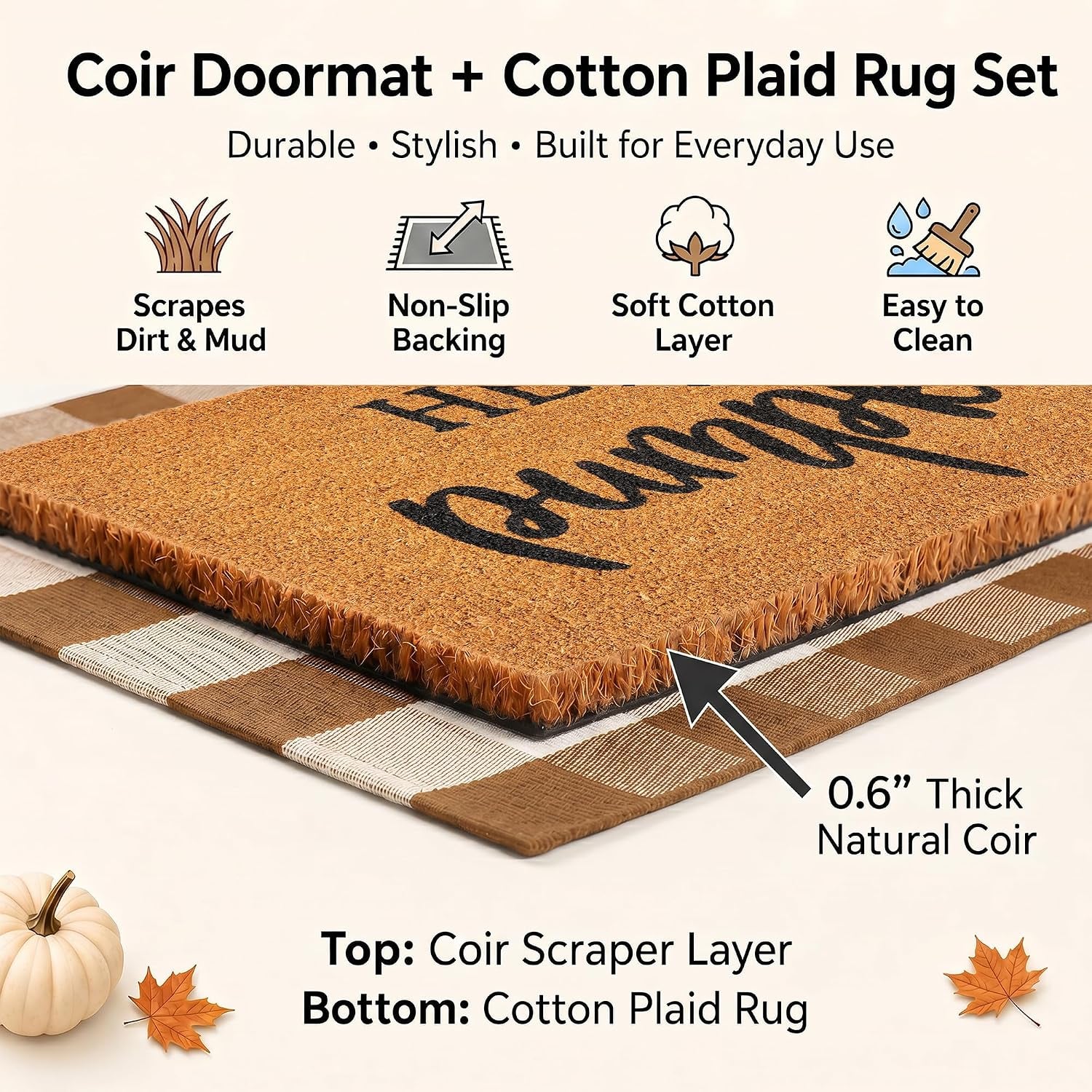 Fall Coir Welcome Mat & Plaid Rug Set