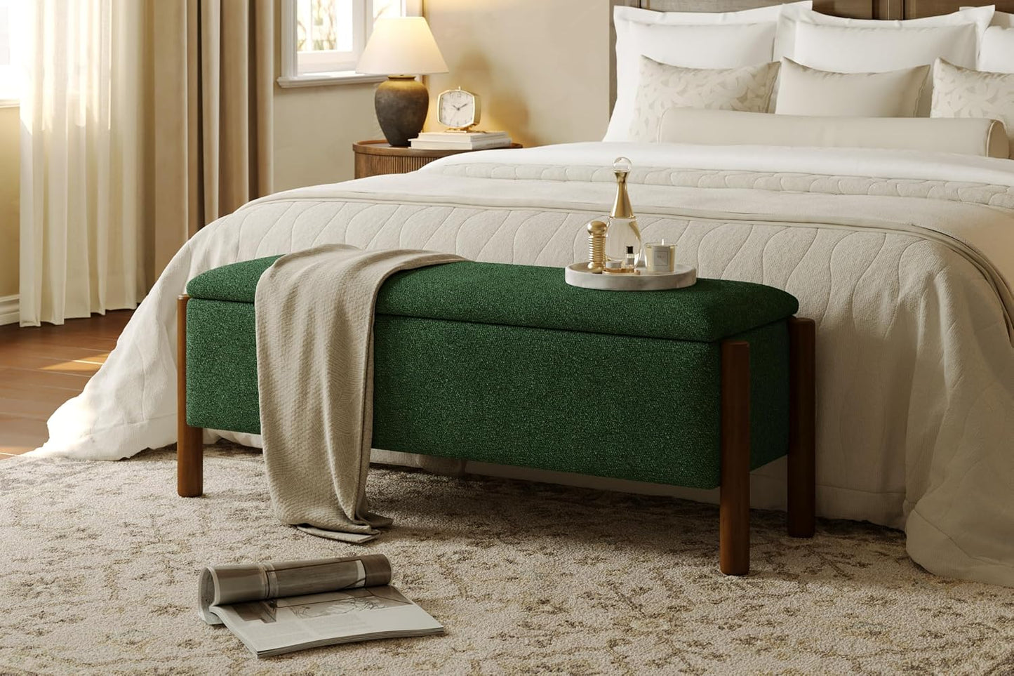 Modern Upholstered Storage Bench with Walnut Legs