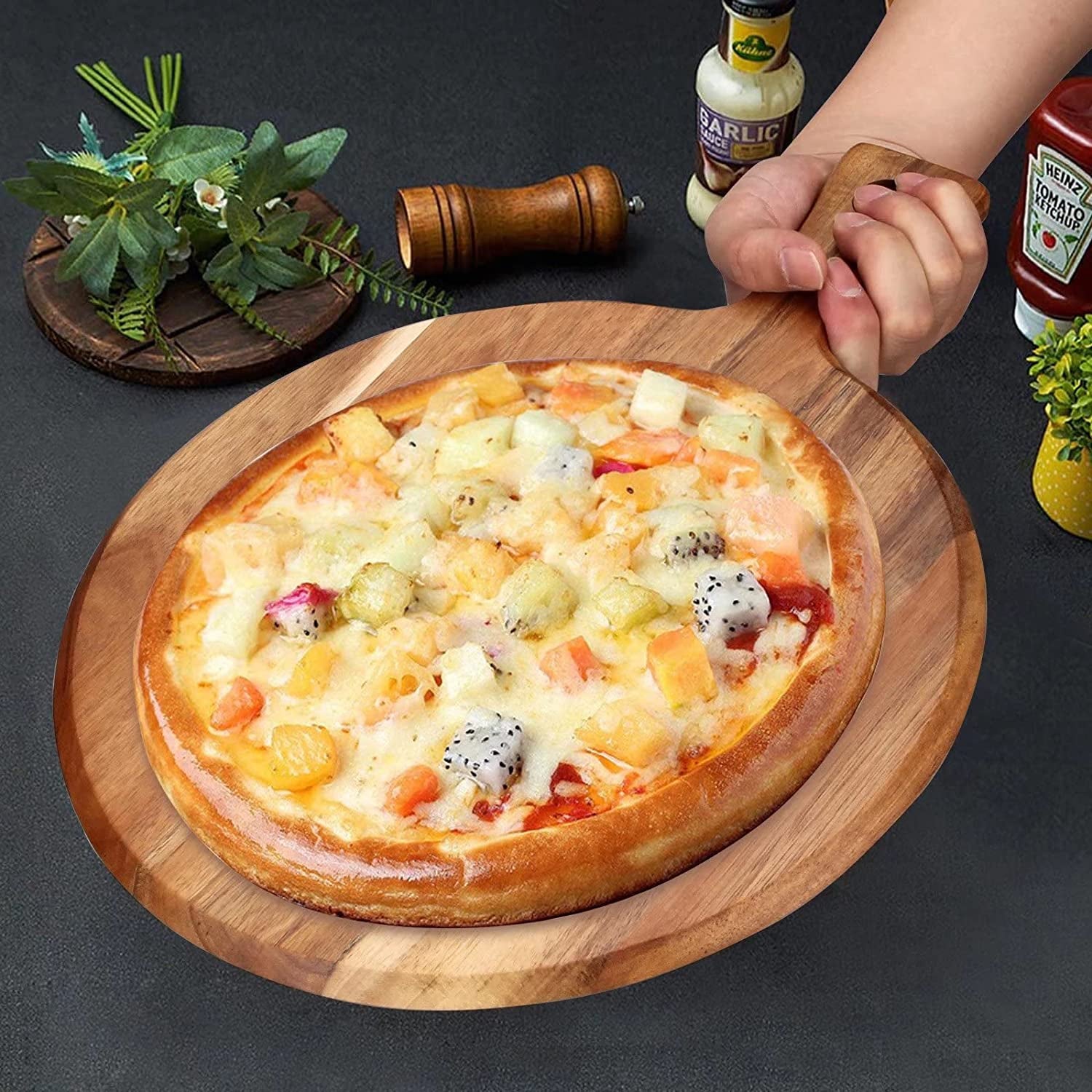 Round Acacia Wood Charcuterie & Serving Board with Handle