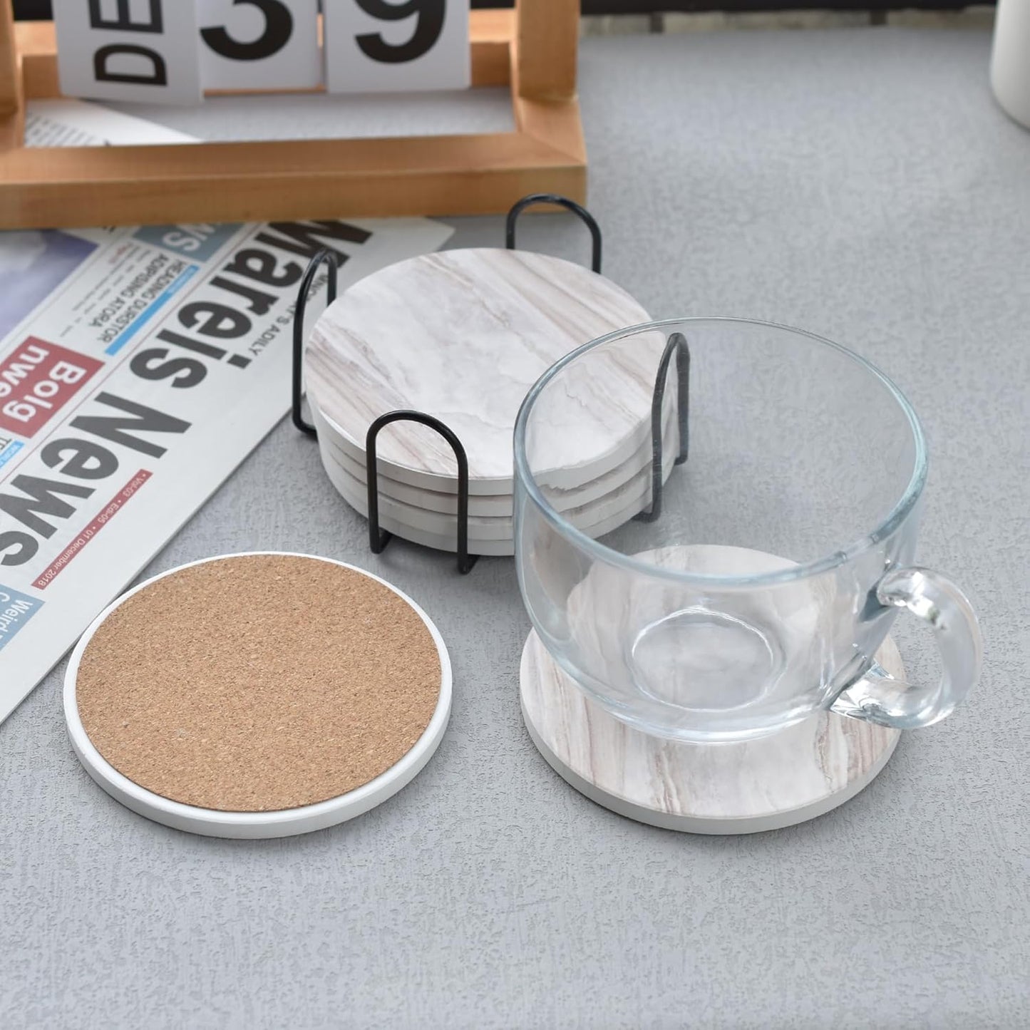 Marble Ceramic Drink Coasters with Holder | Set of 6 Absorbent Coasters