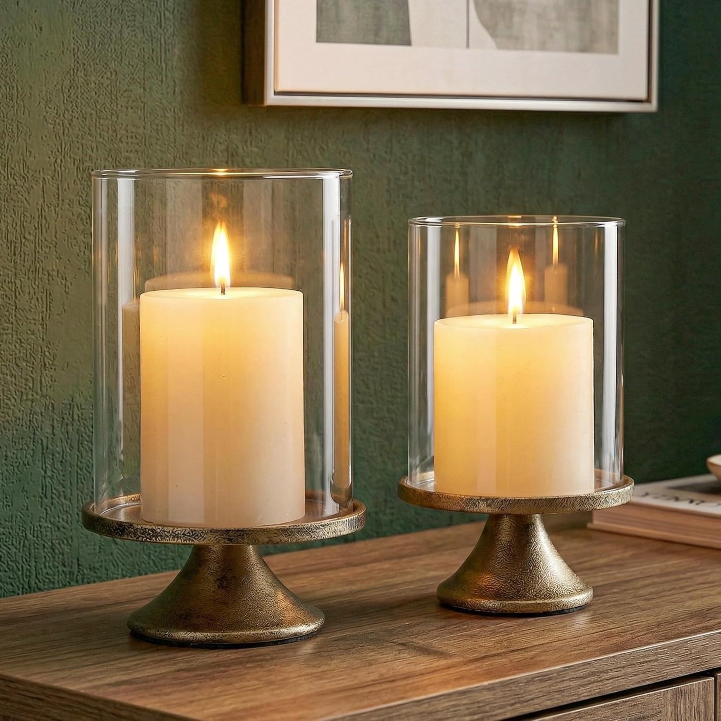 Set of 2 Hurricane Candle Holders with Glass Domes & Iron Bases