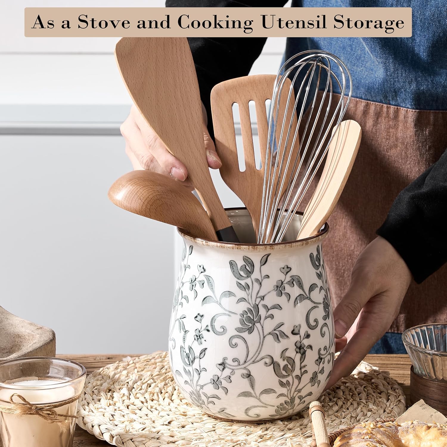 Floral Ceramic Kitchen Utensil Holder