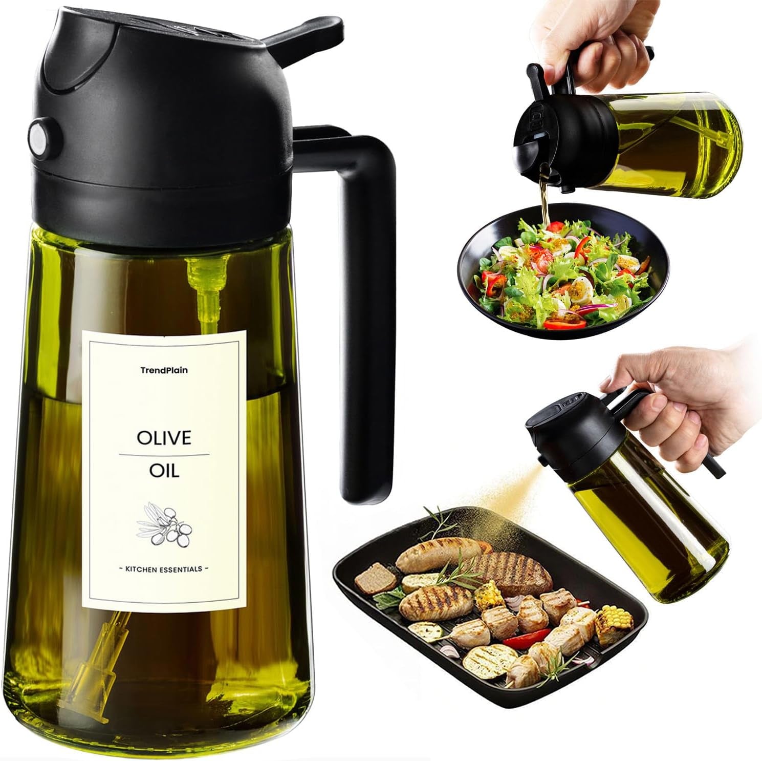 2-in-1 Olive Oil Dispenser Bottle with Spray & Pour Spout | Glass Cooking Oil Bottle for Kitchen & Air Fryer