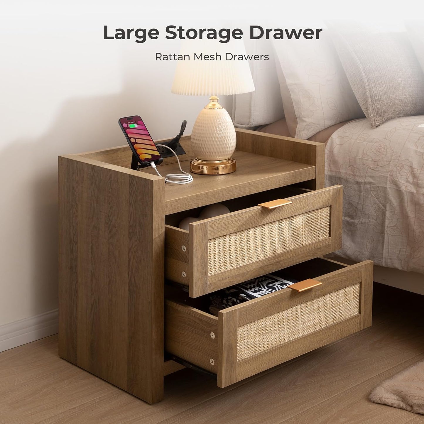 Modern Oak Rattan Nightstands with Charging Station – Set of 2