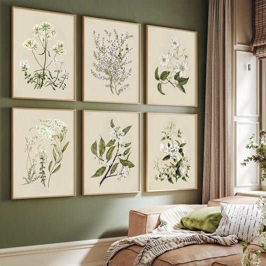 Vintage Botanical Wall Art Set | 6 Framed Neutral Floral Prints