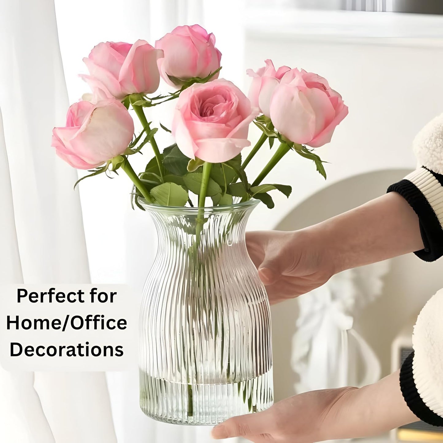 Modern Ribbed Glass Vase | Clear Decorative Flower Vase