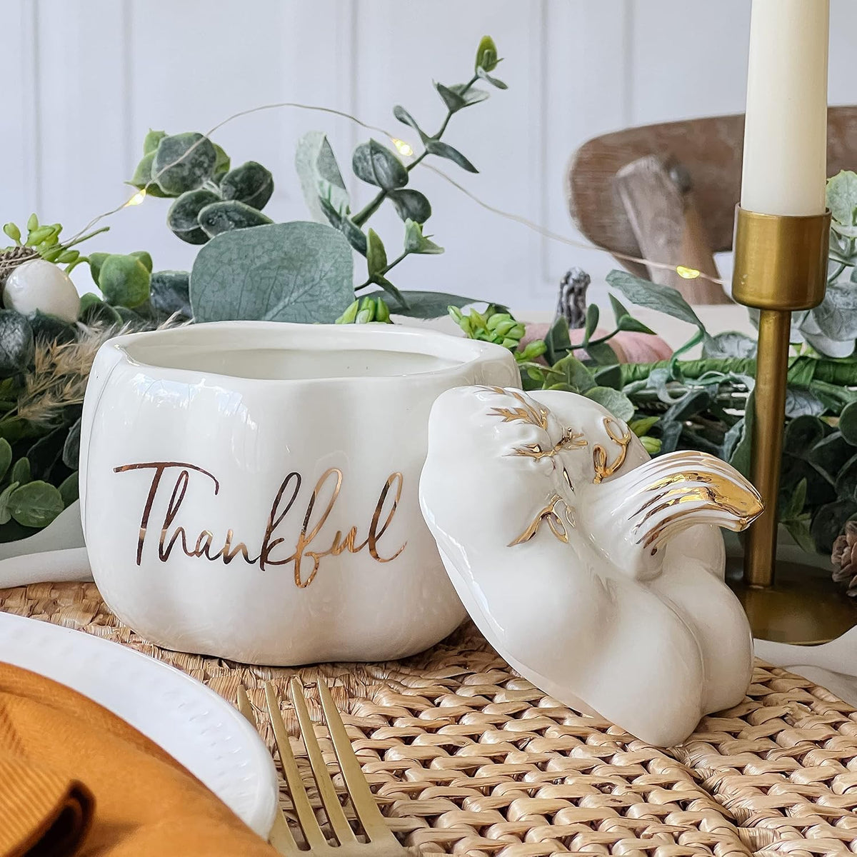 Thankful White Ceramic Pumpkin Bowl with Lid