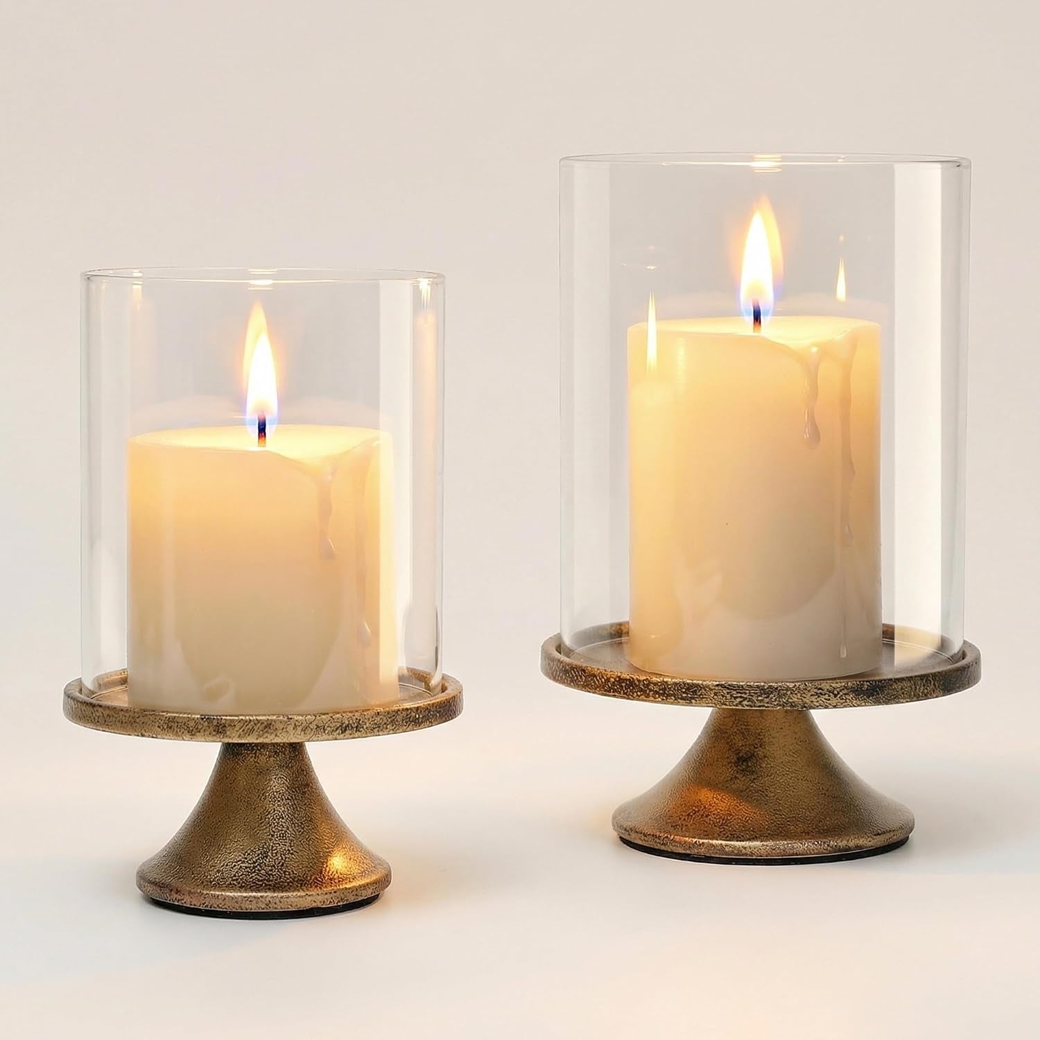 Set of 2 Hurricane Candle Holders with Glass Domes & Iron Bases
