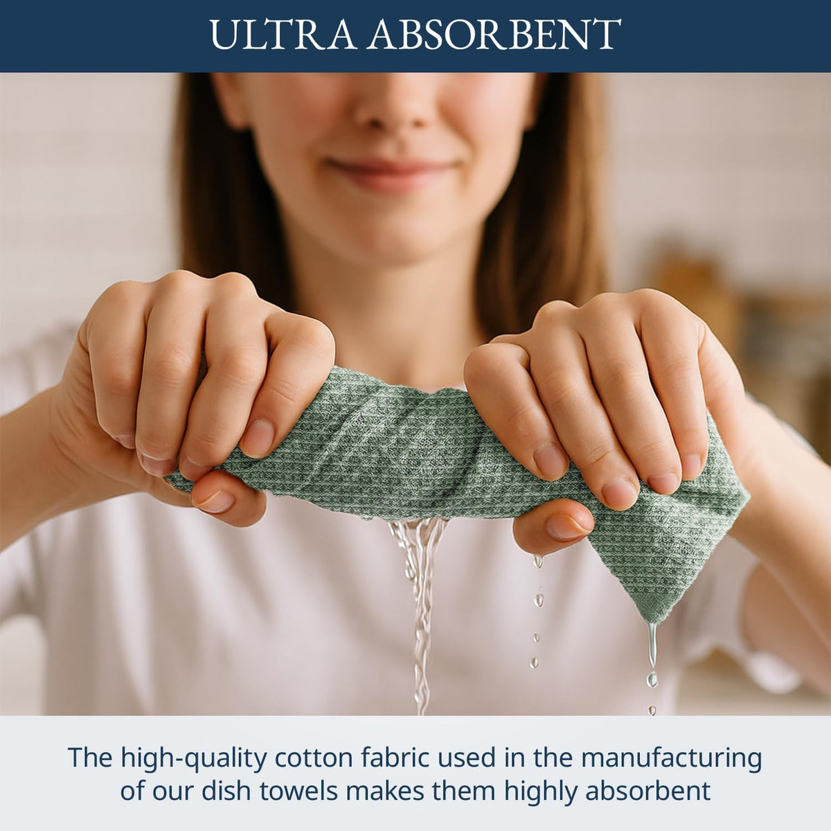 Cotton kitchen towel drying hands with soft and absorbent fabric