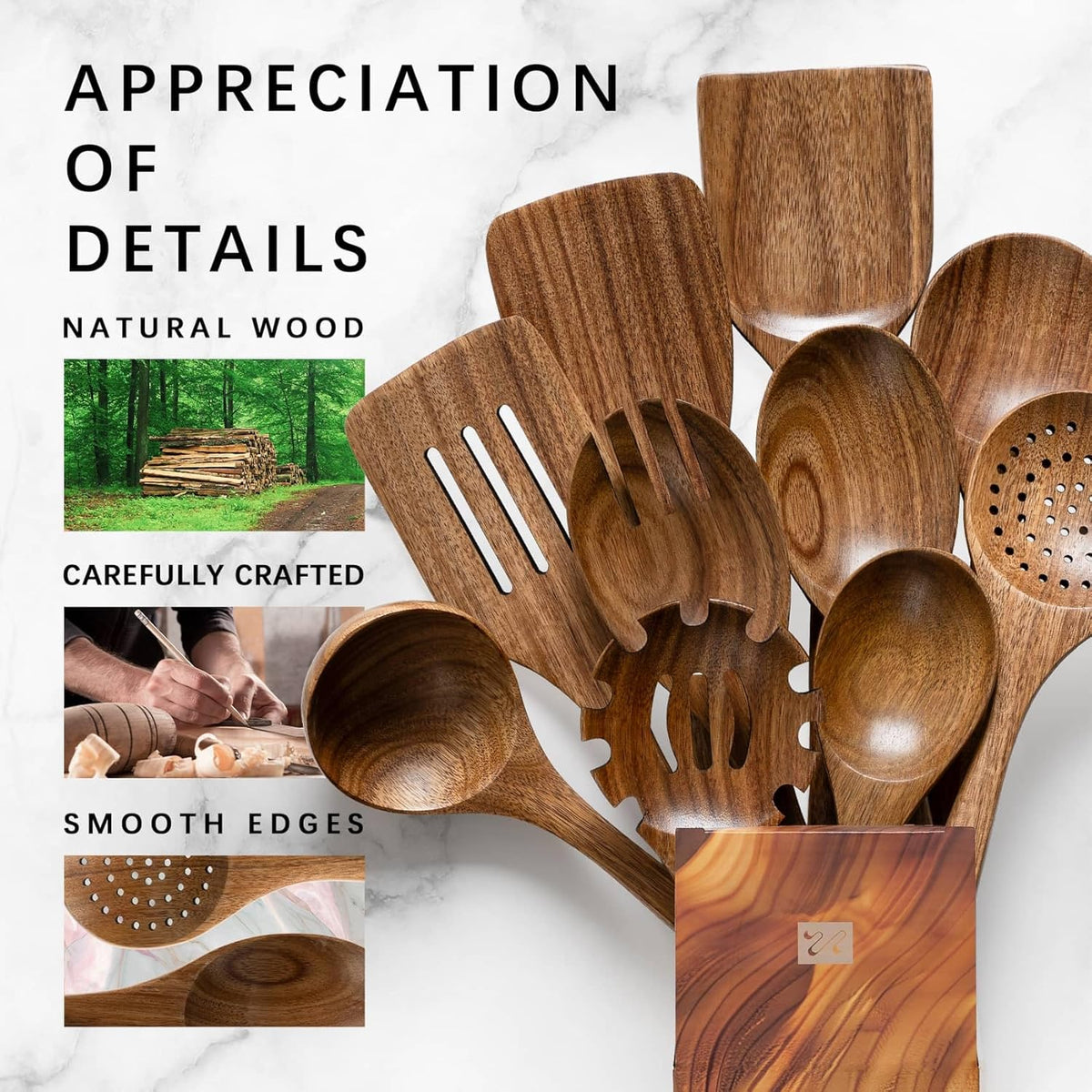 Acacia wood kitchen utensil set highlighting durable craftsmanship and natural wood grain