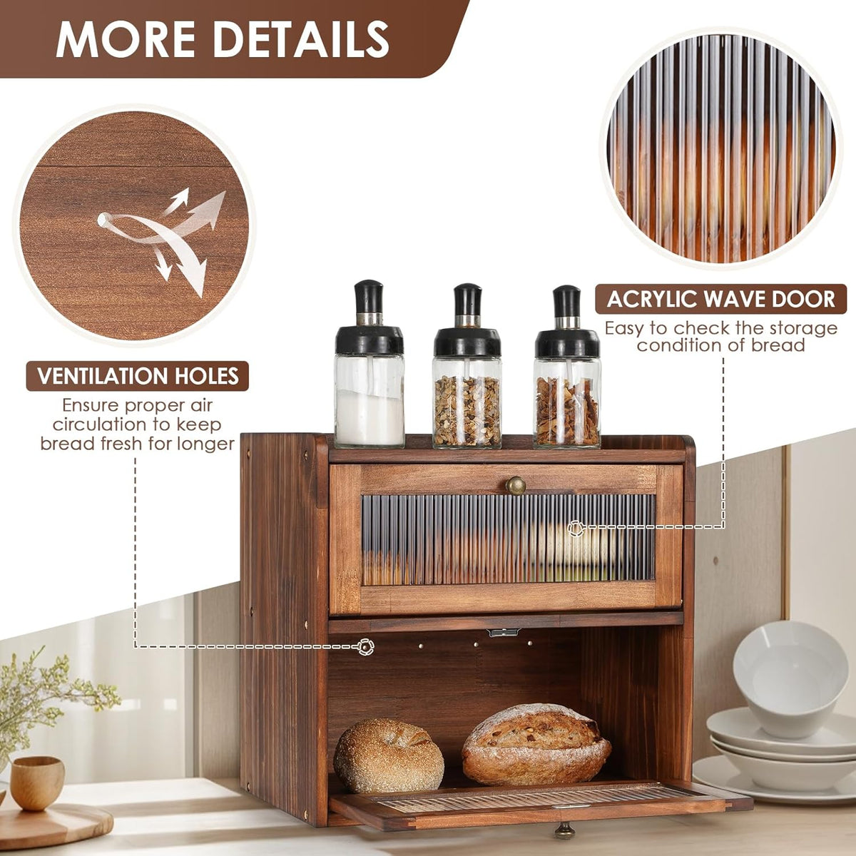 Farmhouse wooden bread box highlighting two-tier storage and ventilation features