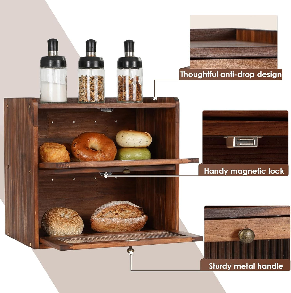 Two-tier wooden bread box storing bread, pastries, and baked goods