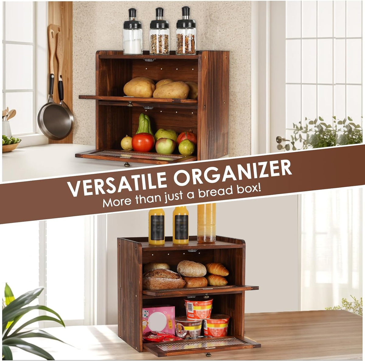 Farmhouse wooden bread box displayed on a modern kitchen countertop