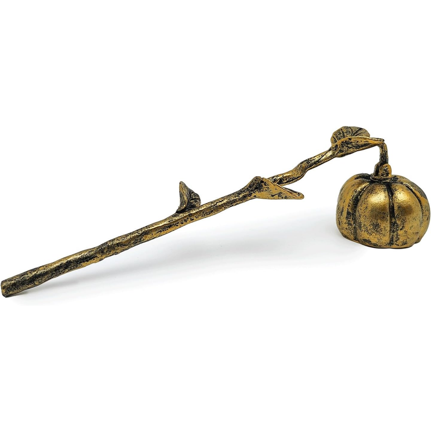 A decorative autumn-themed metal branch and pumpkin ornament with a textured antique gold finish, photographed on a clean white background.