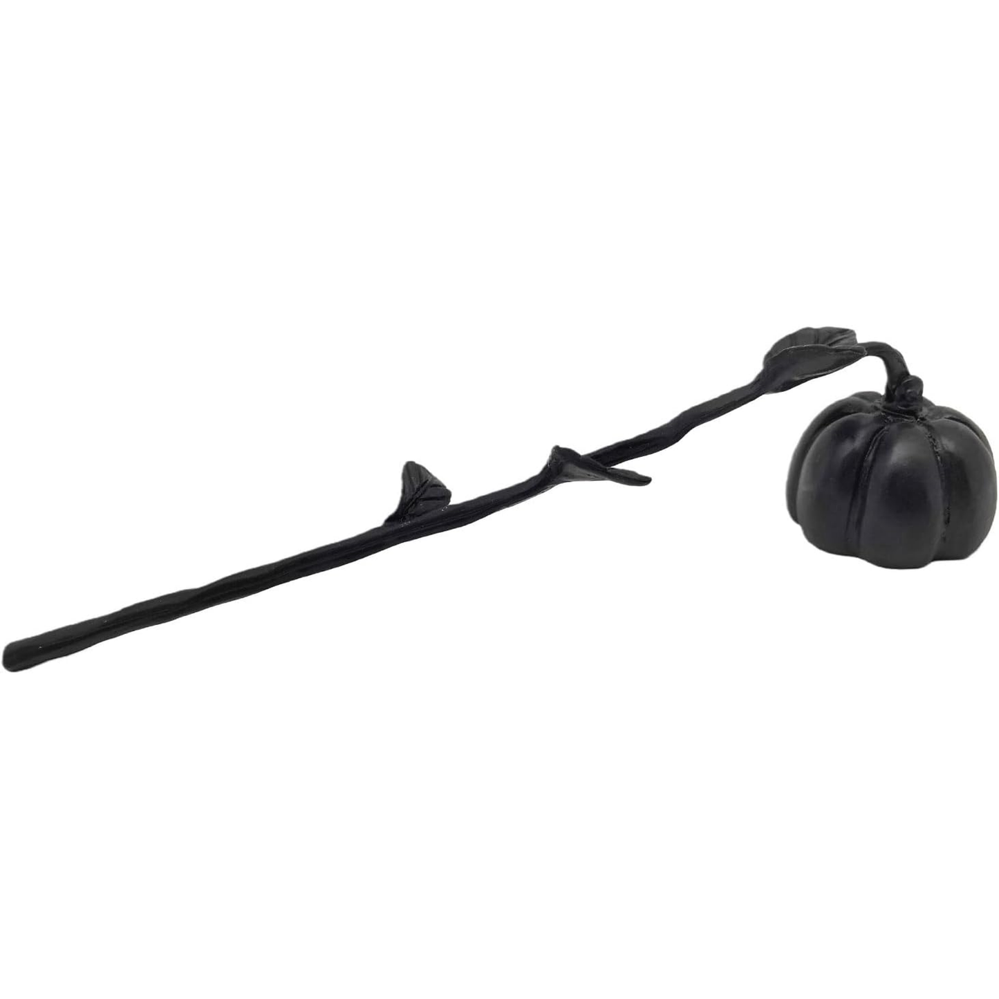 A black decorative metal Halloween candle shaped like a miniature pumpkin with a long stem and leaf details, shown on a plain white background.