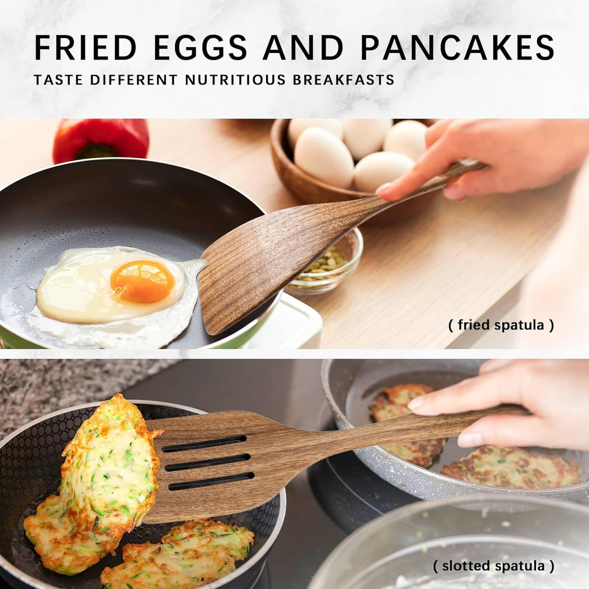 Wooden cooking utensils serving eggs and pancakes from a skillet