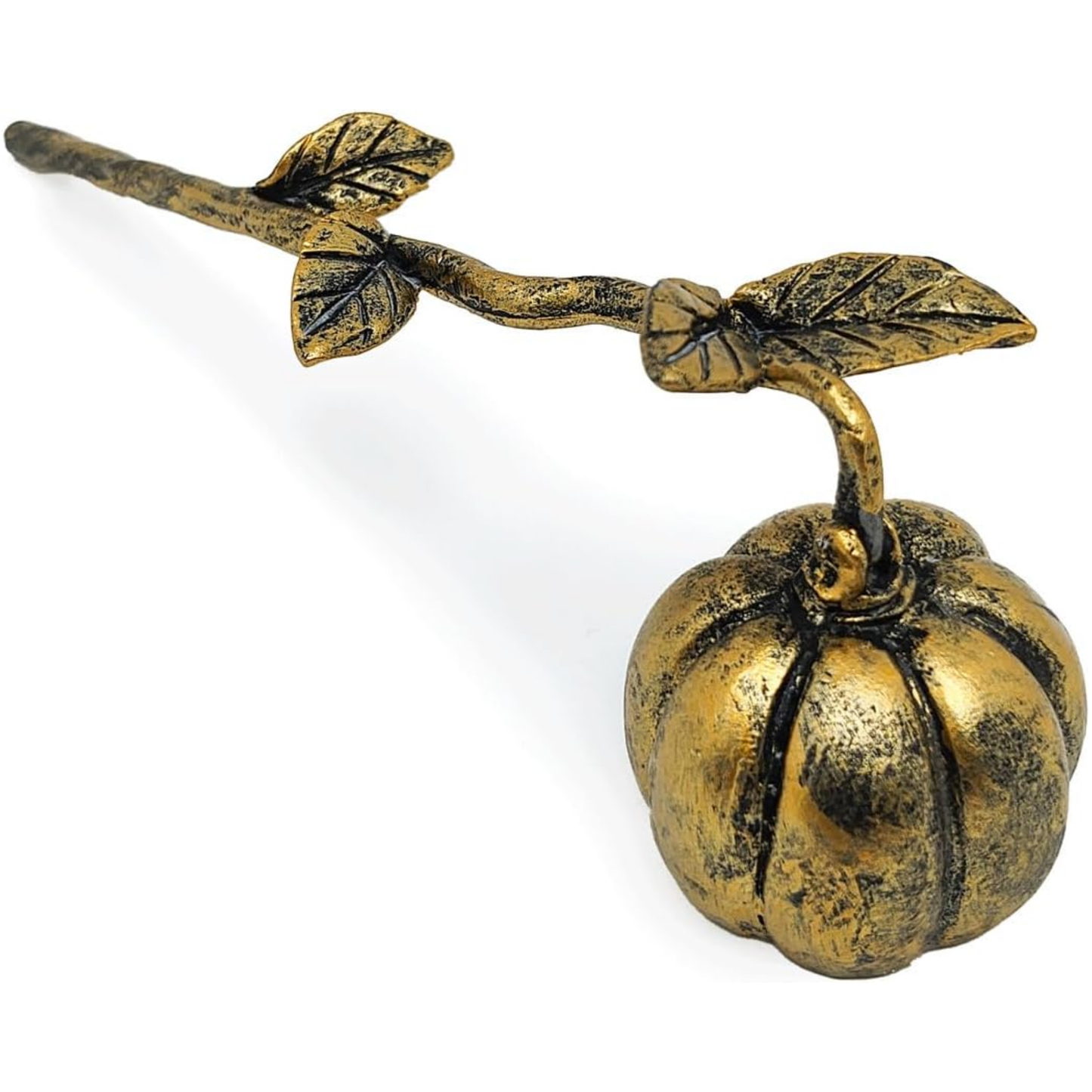 An antique bronze-finished metal pumpkin candle holder shaped like a small pumpkin on a stem with leaves, shown on a plain white background.