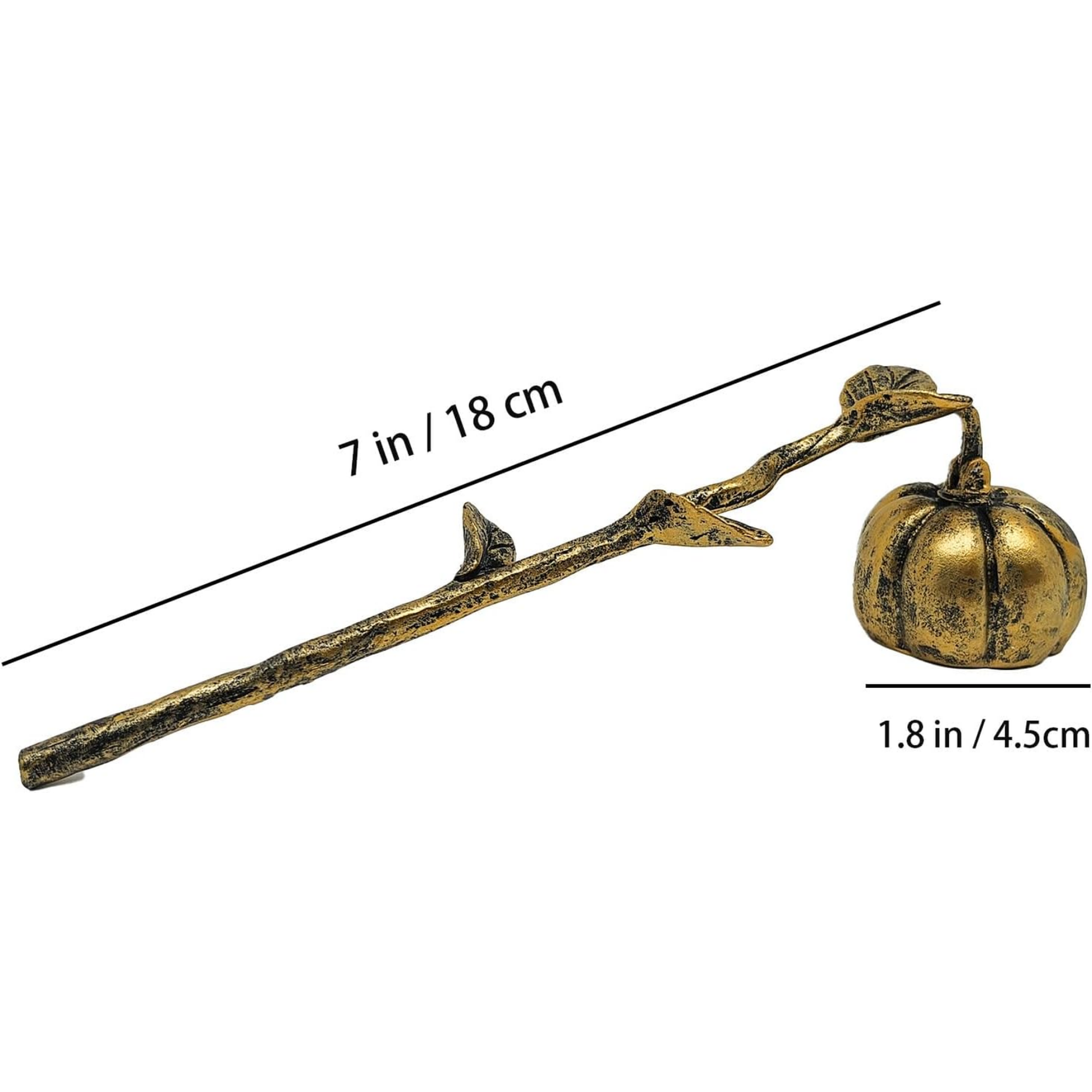 A decorative branch-shaped candle holder with a small pumpkin at the end, shown on a white background with overlaid dimensions: 7 in / 18 cm for length and 1.8 in / 4.