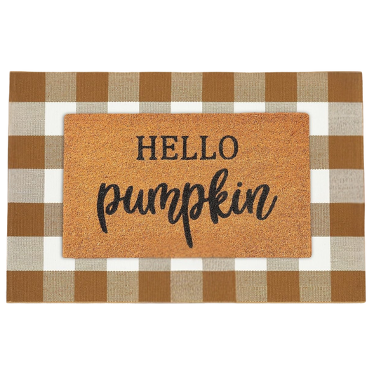 Fall Coir Welcome Mat & Plaid Rug Set