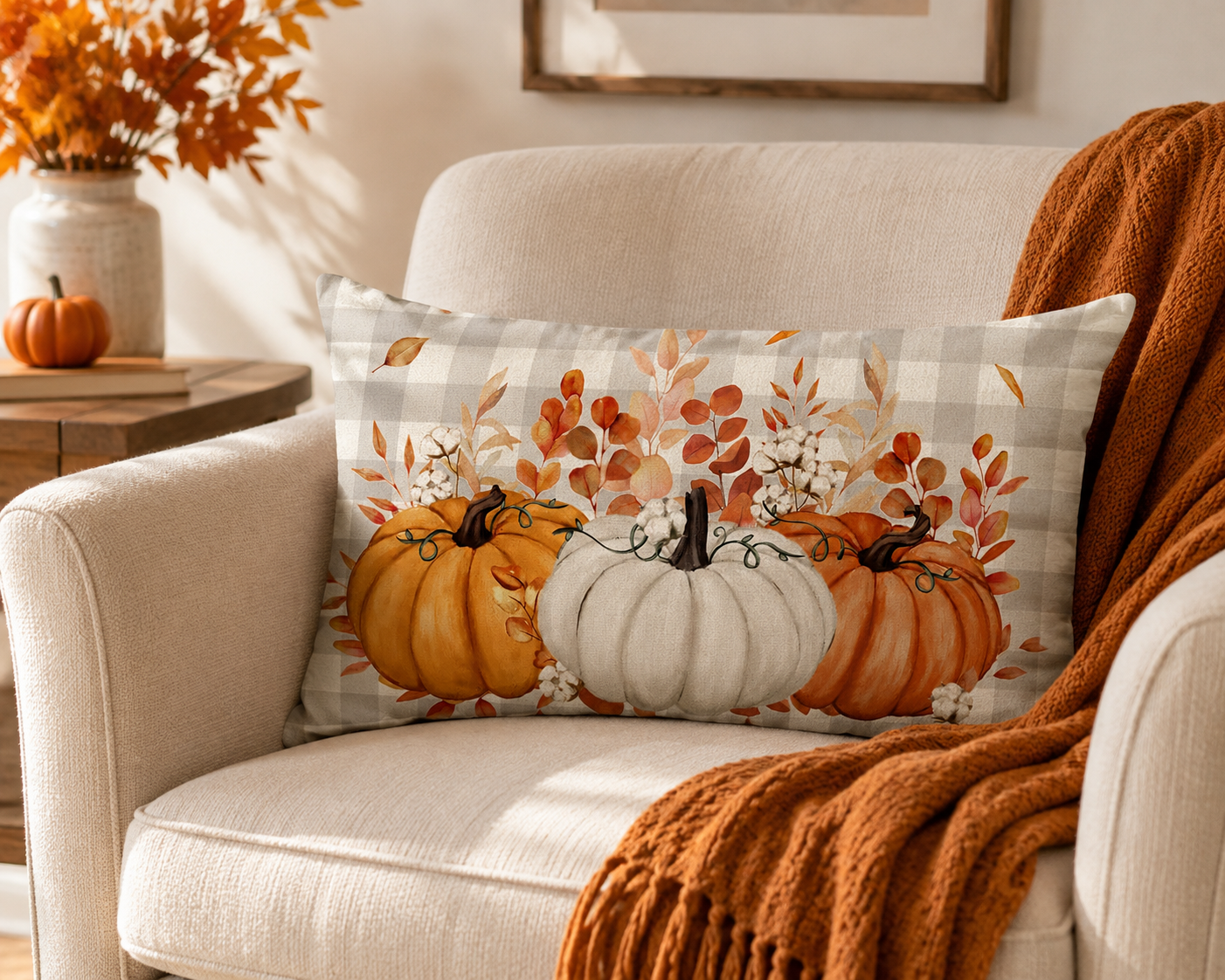 Fall Pumpkin Plaid Throw Pillow Cover – 12" x 20"