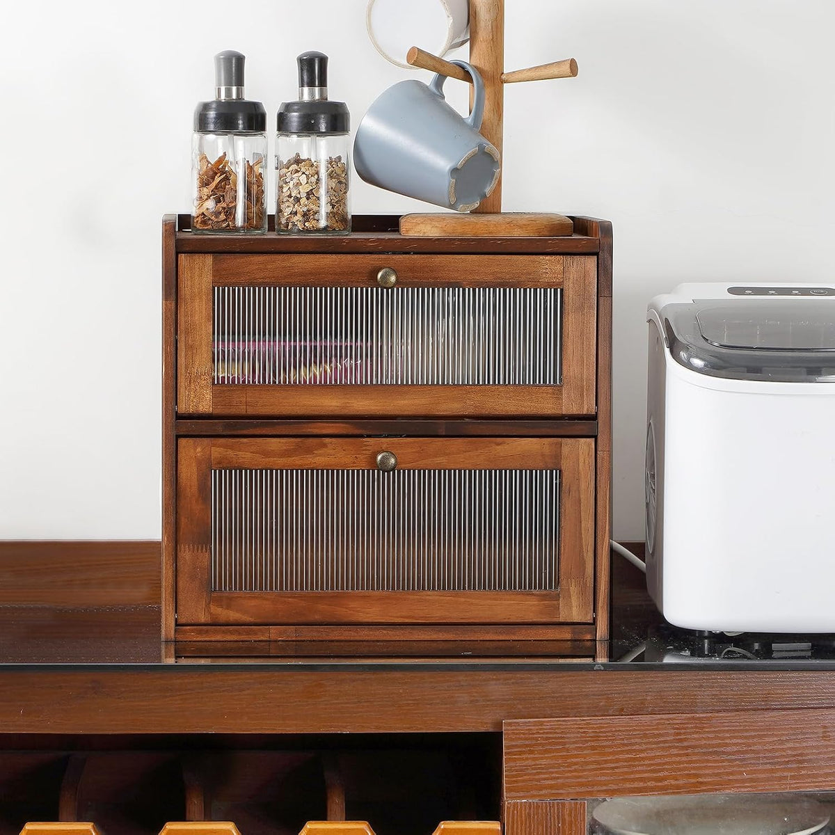 Wooden farmhouse bread box organizing bread and baked goods in a stylish kitchen
