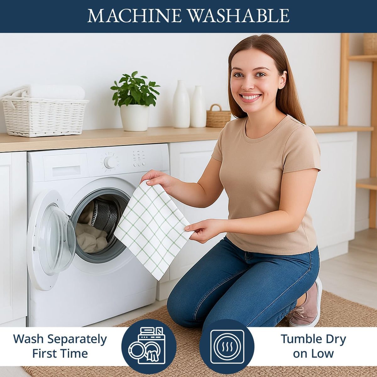 Cotton kitchen towel set showing washing and care instructions