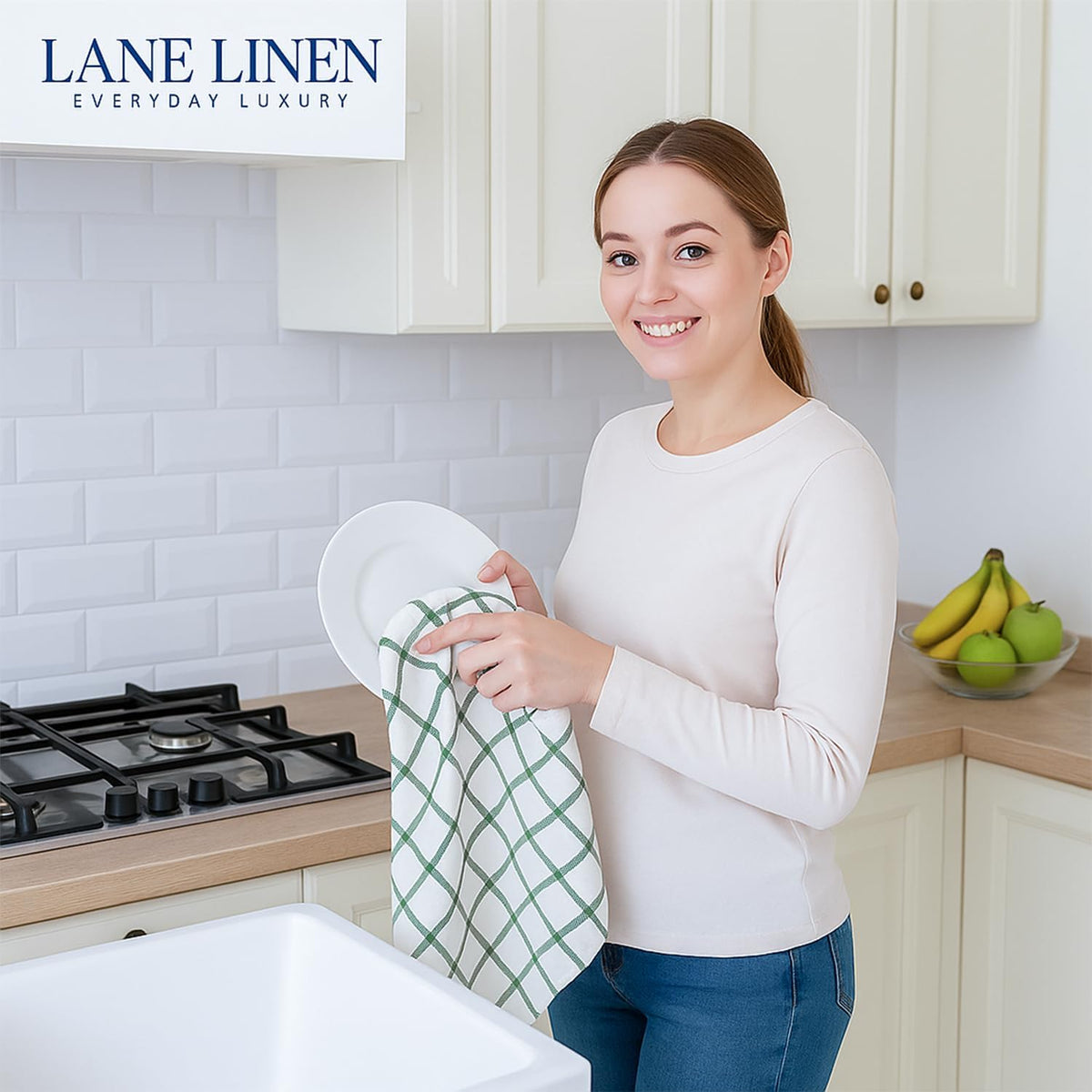 Soft cotton kitchen towels hanging in a modern farmhouse kitchen