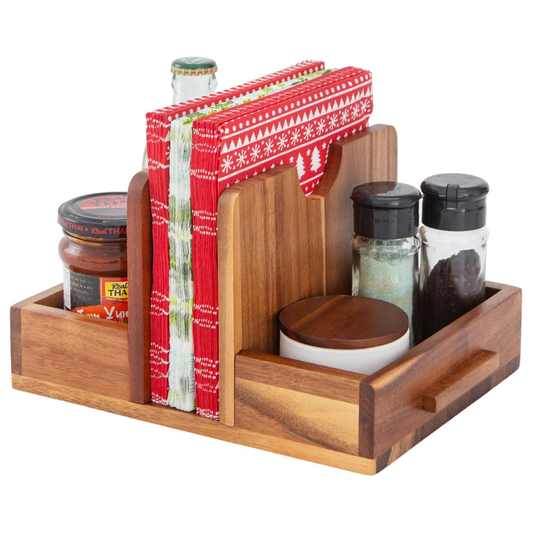Acacia Wood Napkin Holder with Salt & Pepper Storage