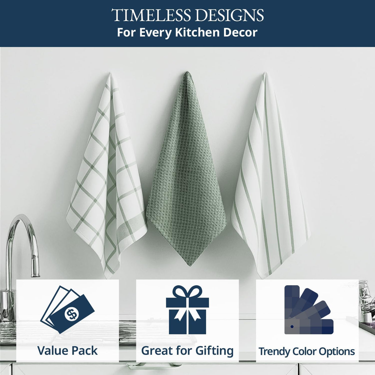 Sage green six-piece cotton kitchen towel set folded for display
