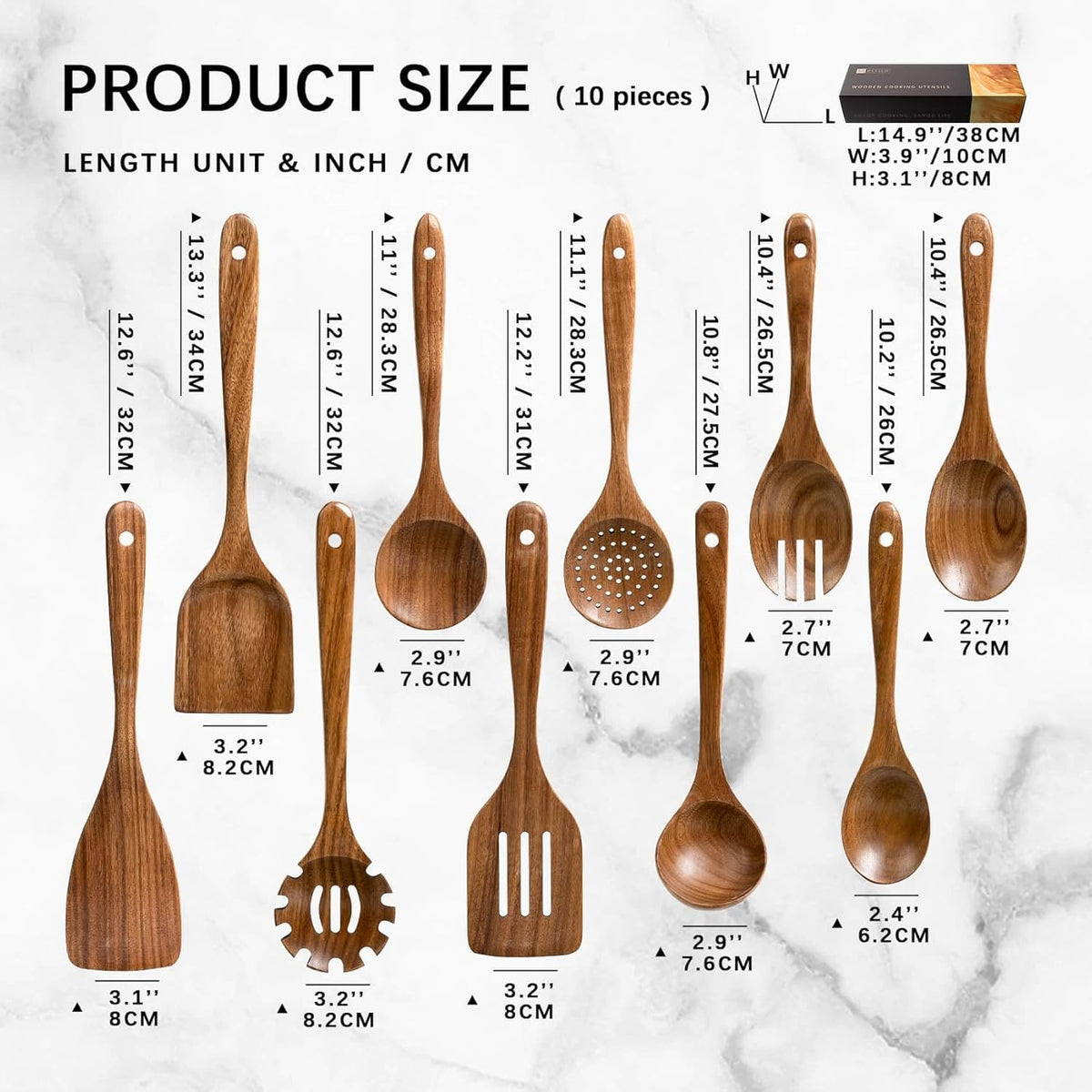 Dimensions of the 10-piece acacia wood cooking utensil set