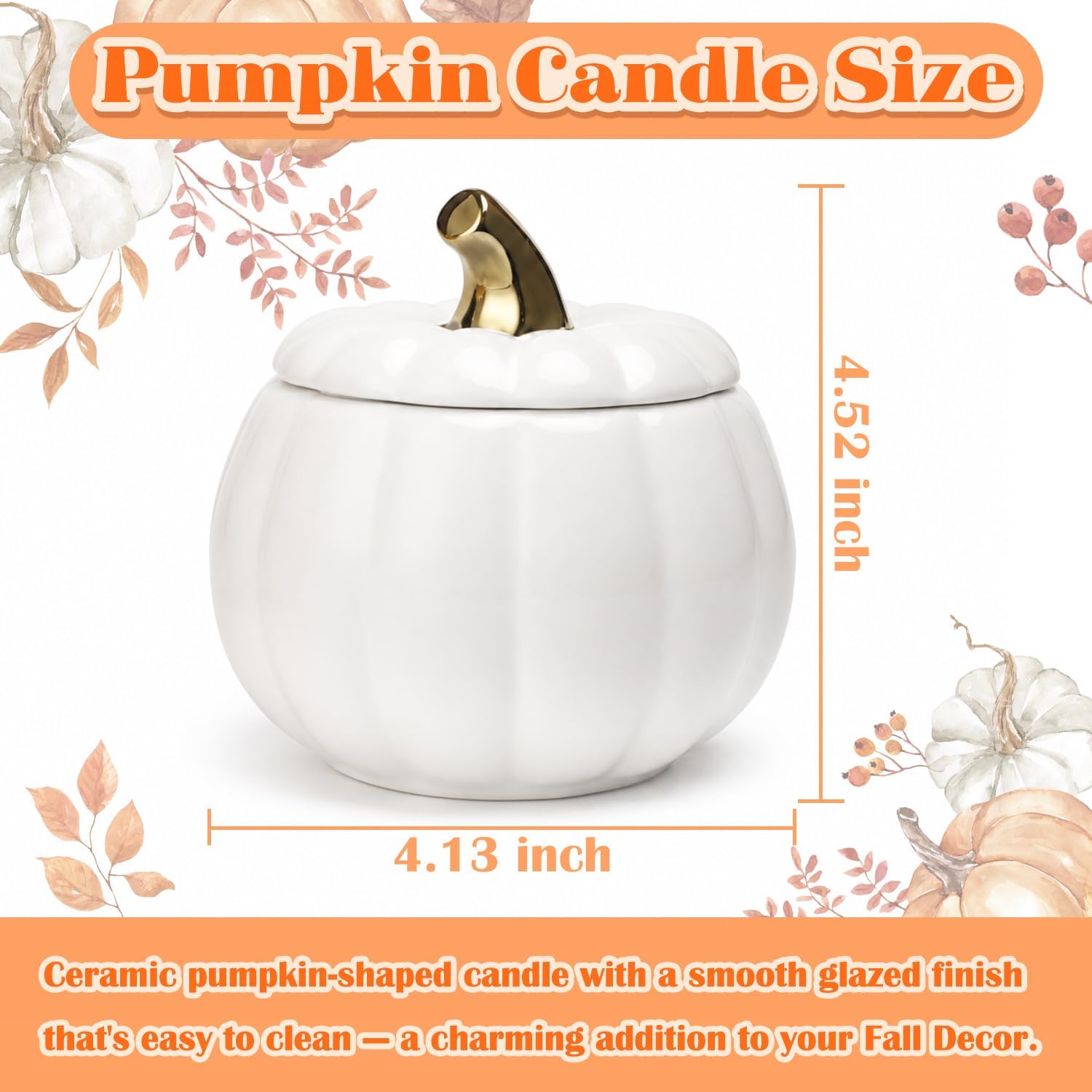 White glazed ceramic pumpkin-shaped candle with a lid and a metallic gold stem, shown with dimension lines indicating 4.13 inch width and 4.