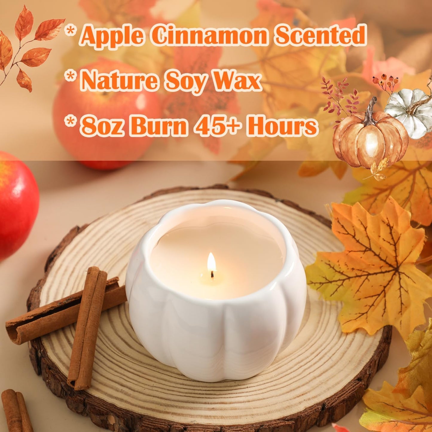 Apple cinnamon scented candle with autumn elements on a wooden coaster