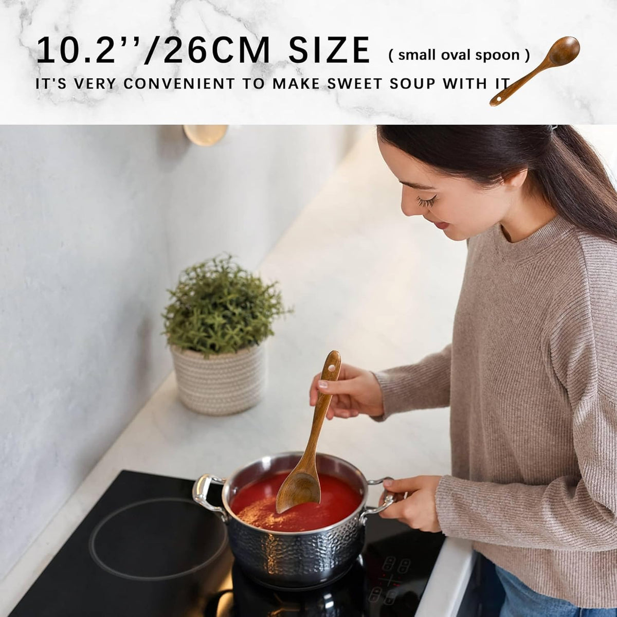 Acacia wood cooking utensils being used with nonstick cookware