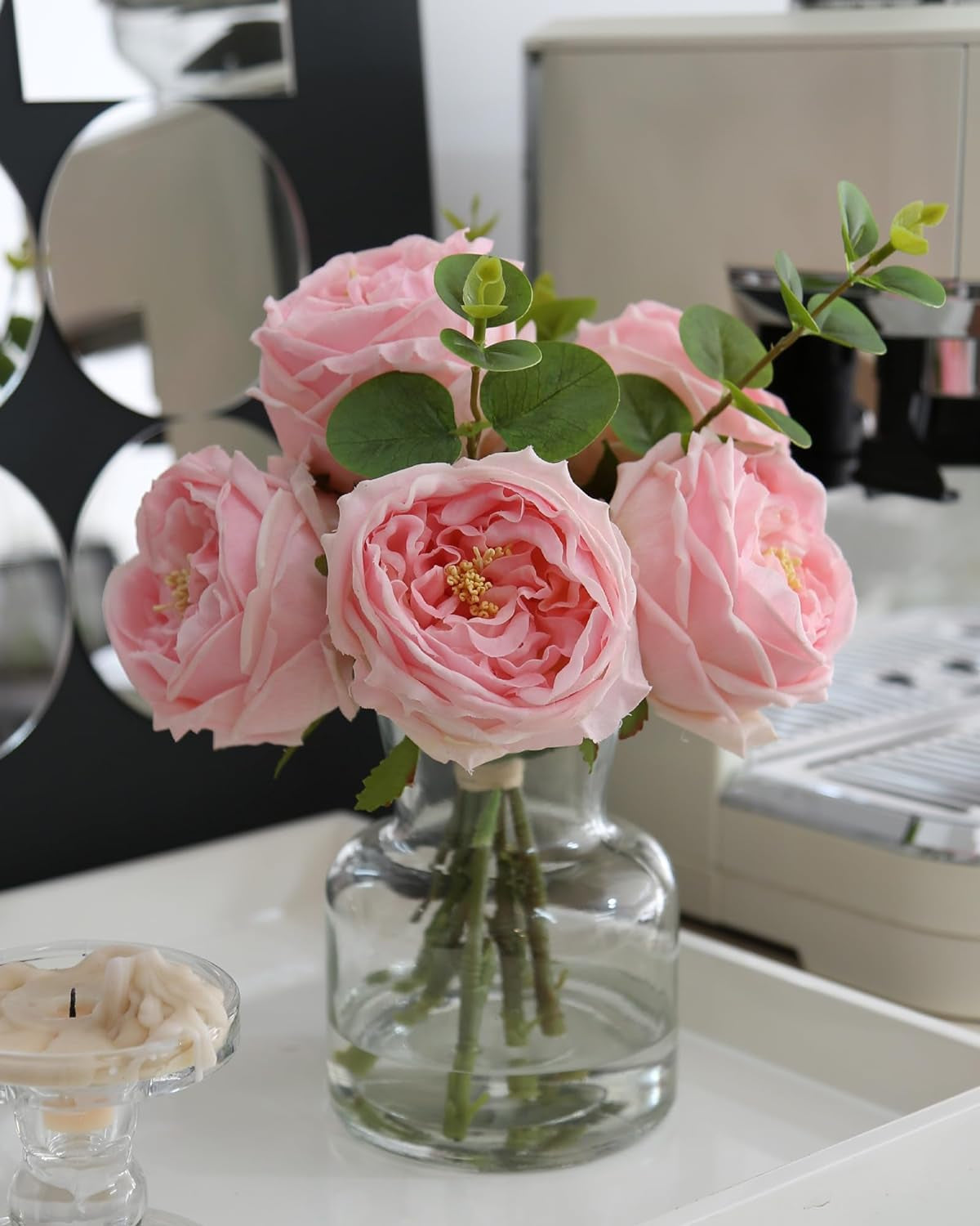 Faux Champagne Rose Arrangement in Glass Vase