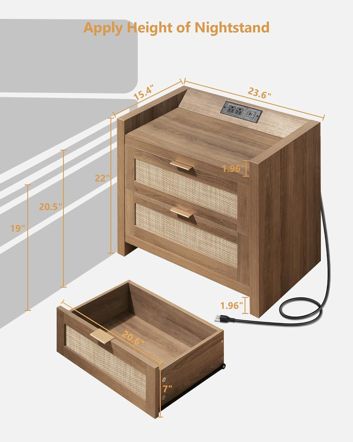 Modern Oak Rattan Nightstands with Charging Station – Set of 2